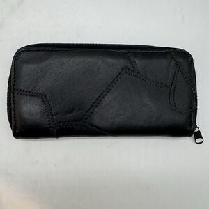 Black Patchwork Soft Leather Zip Around Wallet Credit Card Folding Coin Clutch